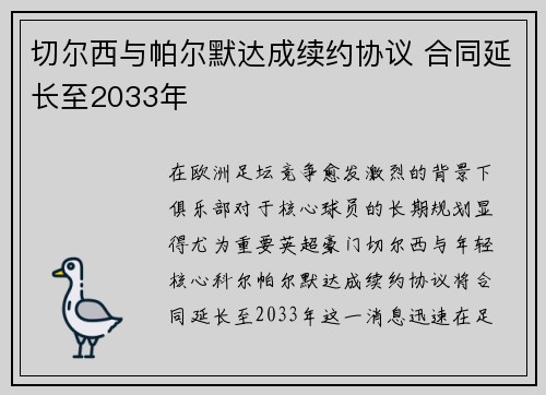 切尔西与帕尔默达成续约协议 合同延长至2033年