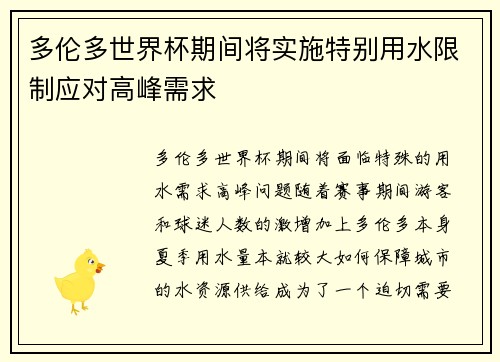 多伦多世界杯期间将实施特别用水限制应对高峰需求